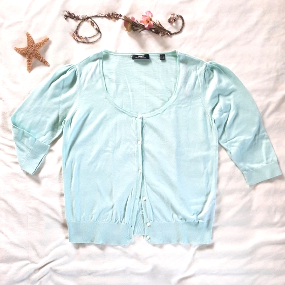 MEXX Soft Pastel Teal/Aqua 3/4 Sleeve, Light Scoop Neck Button Sweater